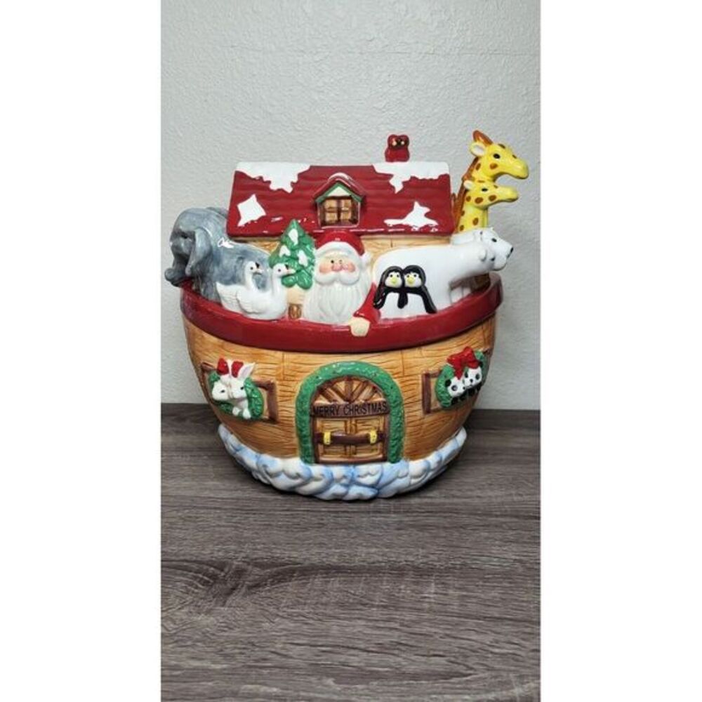 Home Interiors Christmas on the Ark‎ Cookie Jar 2007 Retired Santa Claus Animals